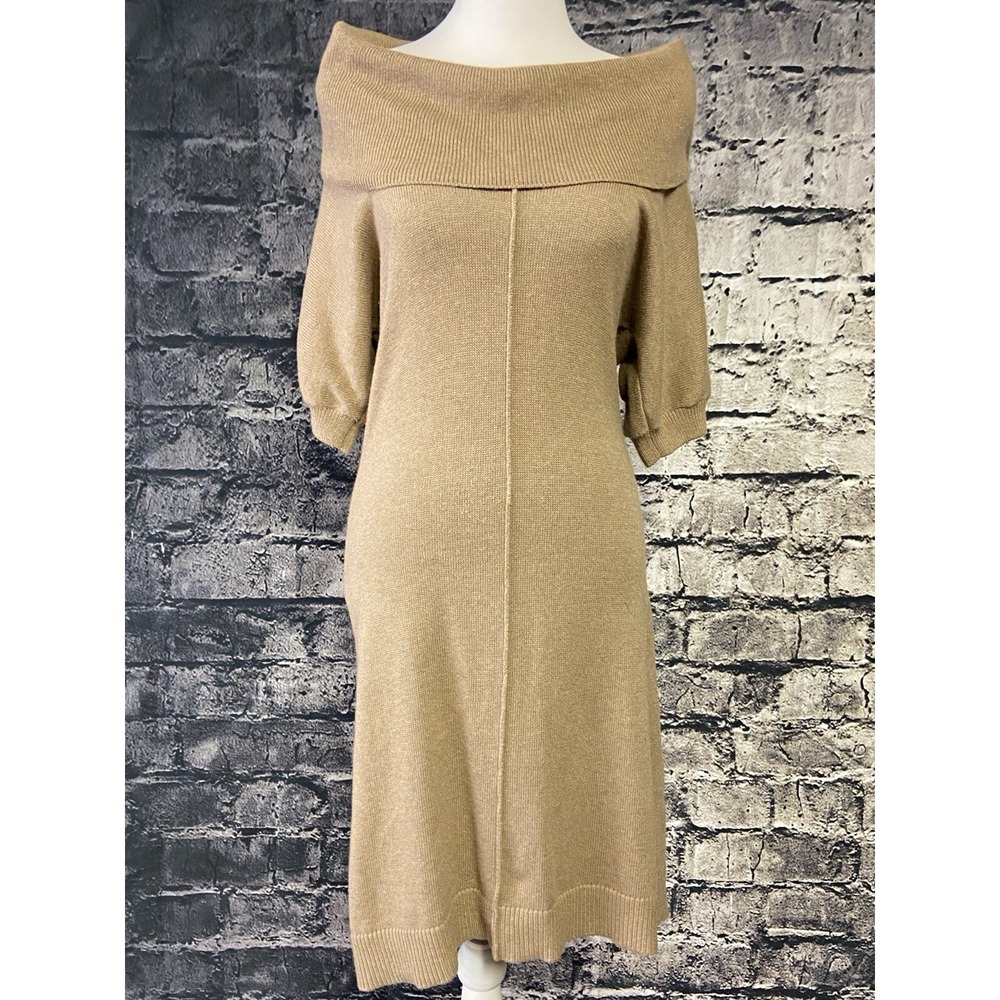 Banana Republic Dress Womens Medium Tan Off Shoulder Knit Sweater Dress Puff Sle - Picture 2 of 12